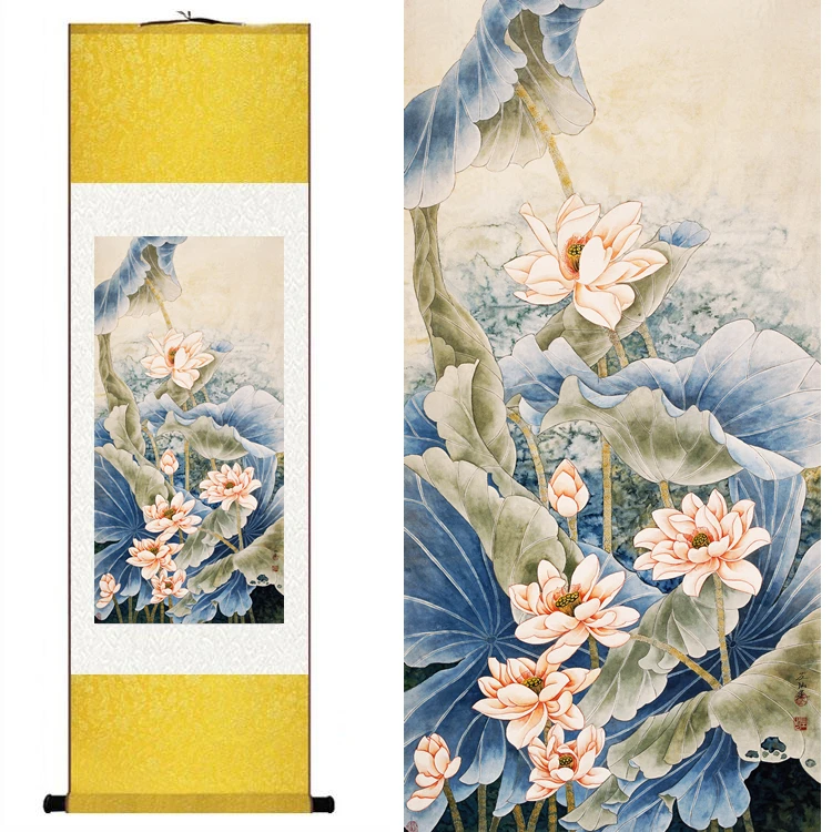 

Lotus Leaves Traditional Chinese Silk watercolor flower birds ink feng shui canvas wall picture damask framed scroll painting