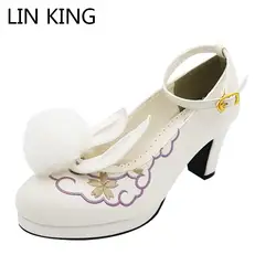 LIN KING/модные женские туфли-лодочки с ремешком на щиколотке, милые туфли Лолиты с заячьими ушками, туфли на квадратном каблуке с пряжкой и