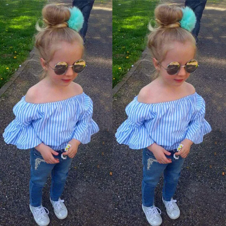 

Free shipping new spring autumn European and American style long-sleeved strip print blouses tops +long jeans set for girls