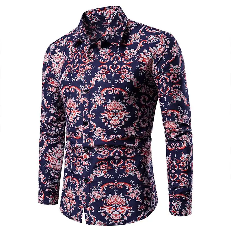 

Plus size Floral Shirt Mens Clothing Slim fit Long sleeve Flower Blouse Men Casual Dress Men Shirt Red Blue