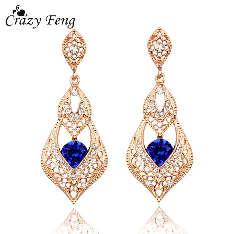 

Vintage Hollow Out Pattern Gold-color Blue Cubic Zirconia New Drop Earrings For Bridal Wedding Jewelry Accessories
