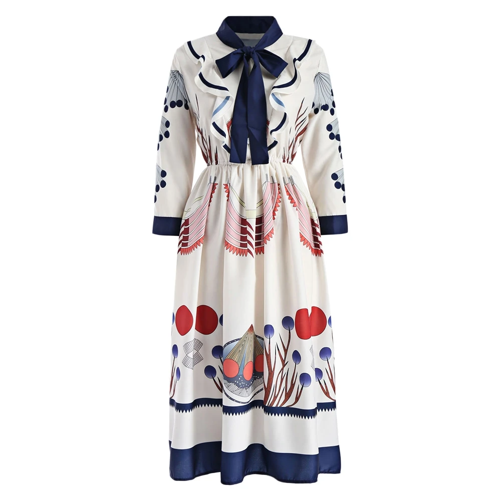 2018 Для женщин лук шеи Printed Ruffled миди платье 3/4 Sleeve A Line Цветочный принт Mid craft