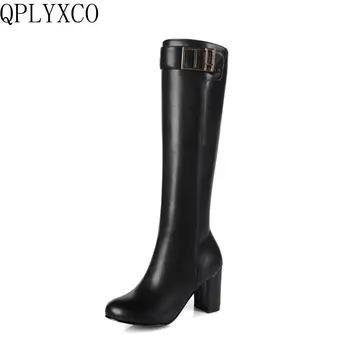 

QPLYXCO 2017 New Big &Small Size 32-45 Fashion Women Knee High Boots Woman Round Toe Platform High Heels long boots Shoes 9-10