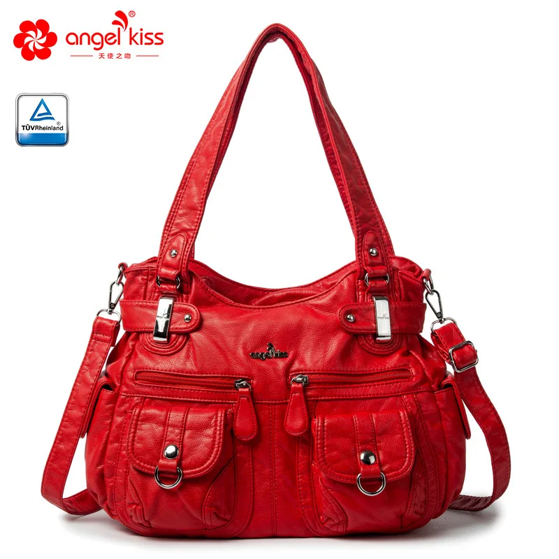  Angel Kiss Brand Skin-friendly Top Handle Satchel Shoulder Bag Washed PU Leather Tote Handbag Women - 33039636490