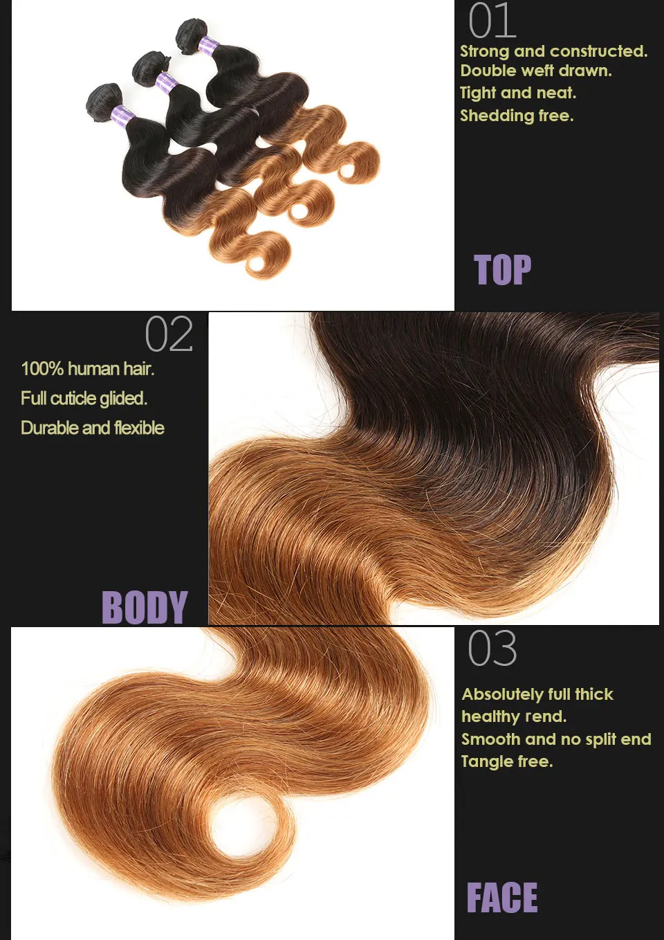 ALIMICE Ombre Indian Hair Body Wave Hair 3 Bundles T1B430 Ombre Human Hair Weaves Bundles Three Tone Non Remy Hair Extensions (15)