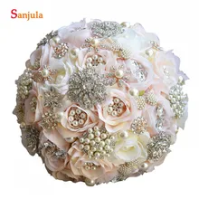 Розы Букеты с Plears кристаллами блестящие свадебные аксессуары шампанского цветок свадебный букет держатель buque casamento P015