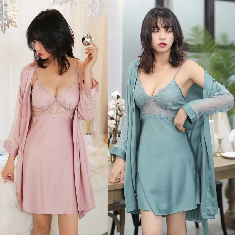 

red purple transparent satin sleepwear women robe set long sleeves ladies pajama sets sleep dress women home clothing deep v 978