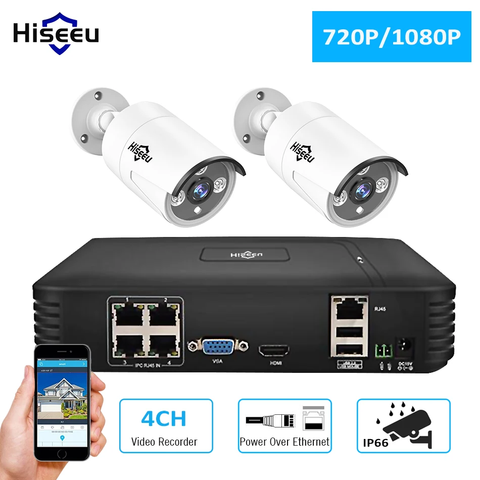 Hiseeu 2pcs 720P/1080P IP Camera POE Kits with POE Splitter Injector