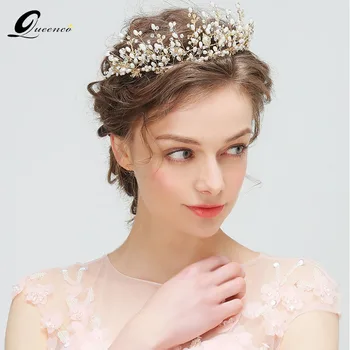 

QUEENCO Freshwater Pearls Wedding Hair Accessories Goden Leaves Crown Floral Tiara Gifts for Brides Handmade Headbands
