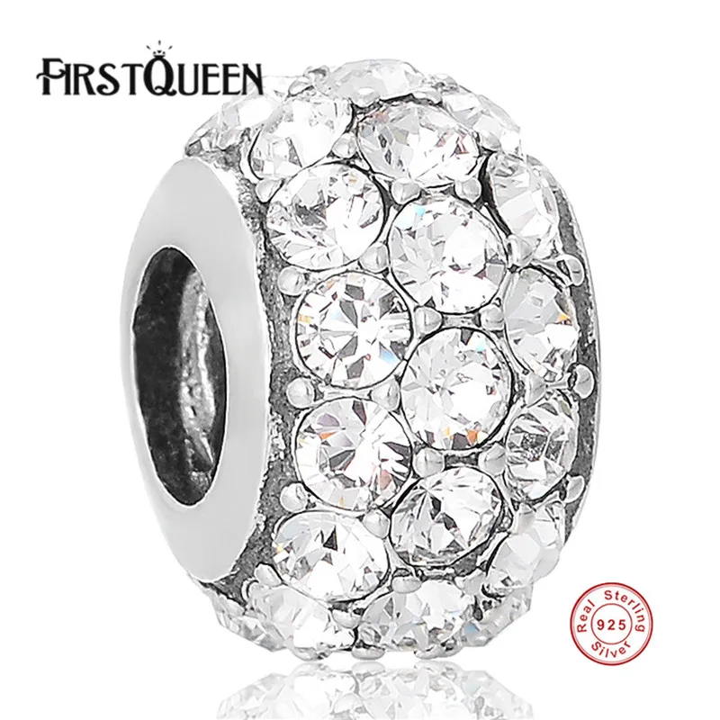 

FirstQueen Clear Pave Charms Beads For Jewelry Making 100% 925 Sterling Silver Round Bead Diy Bracelets & Bangle Fine Jewelry