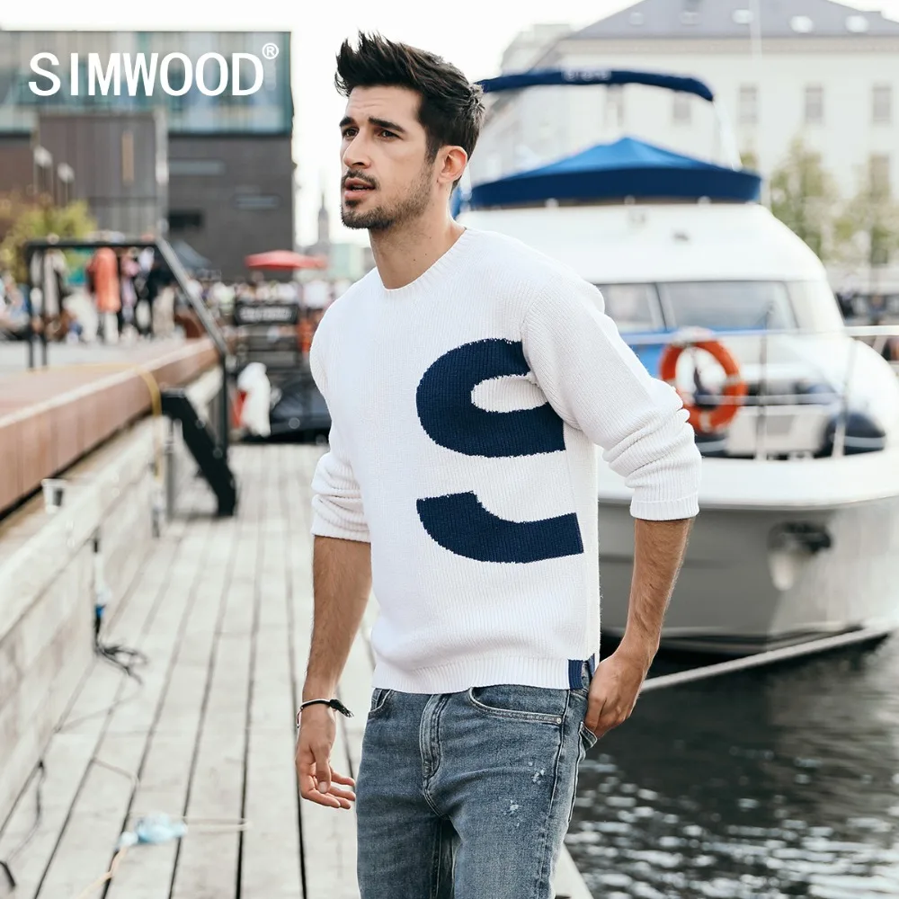 SIMWOOD 2019 الشتاء سترة الرجال محبوك البلوفرات الرجال الأزياء التباين اللون إلكتروني المطبوعة Sueter هومبر العلامة التجارية البلوزات 180594