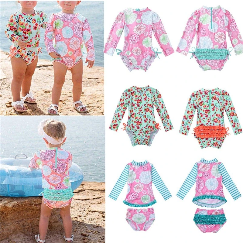 Для новорожденных, для малышей, для маленьких девочек, с цветами с принтом Купальники Цельный купальный костюм пляжный Рашгард с длинным рукавом Одежда для купания