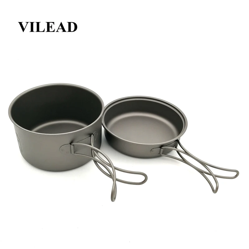 

VILEAD Portable Titanium Camping Cookware Set 700ml Pot and 350ml Fry Pan with Folding Handles for Hiking Trekking Bushcraft