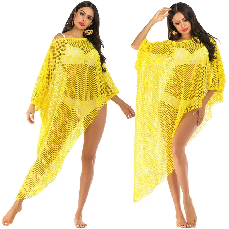 

Beach Dresses Swimsuits Tunic Covered Woman Swim Suit Swimsuit Cardigan Irregular Long Sleeve Hollow Perspective Sexy Mesh Loose