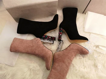 

Abesire Top Selling Woman Luxury Rhinestone Embellished Square High Heels Ankle Boots Ladies Elegant Slip-on Round Toe Shoes