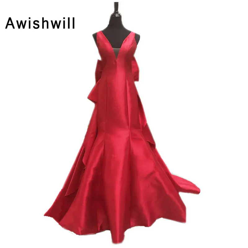 Cheap Long Evening Dress Open Back Satin V Neck With Bow Custom Made