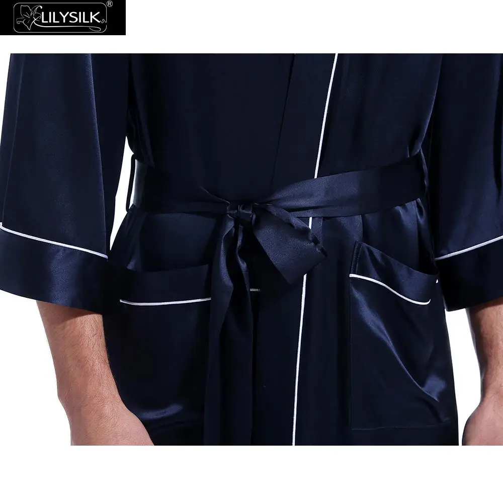LilySilk халат мужской кимоно пеньюар домашняя одежда для мужчин шелк китайский белой отделкой три четверти рукав пояс внутри карманами уровня