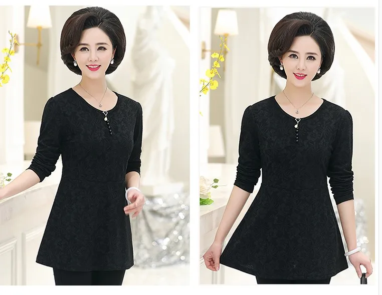 Spring New Middle-Aged Women Tops& Tees O-Neck Fashion Print Thickening Long T Shirt Women T363