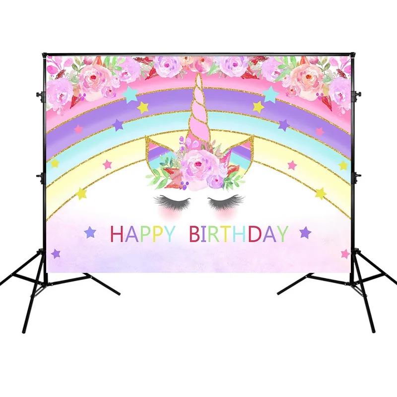 

Unicorn Backdrops Photography Happy Birthday Party Banner Background Colorful Flowers Stars Background Photographic Props