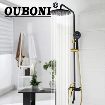 

OUBONI Luxury Round Bathroom Rain Mixer Shower Combo Set Wall Mounted Rainfall Shower Head System Black Gold-plate Shower Faucet