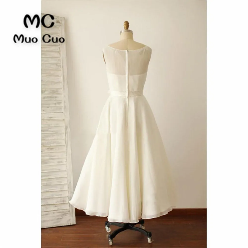 Ivory Illusion Boat Neck Tea Length Sleeveless Wedding Dresses33