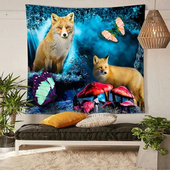 

HommomH Tapestry Art Decor Wall Hanging in Dorm Living Room Bedroom Mysterious Timber Wolf Mushroom Butterfly Blue