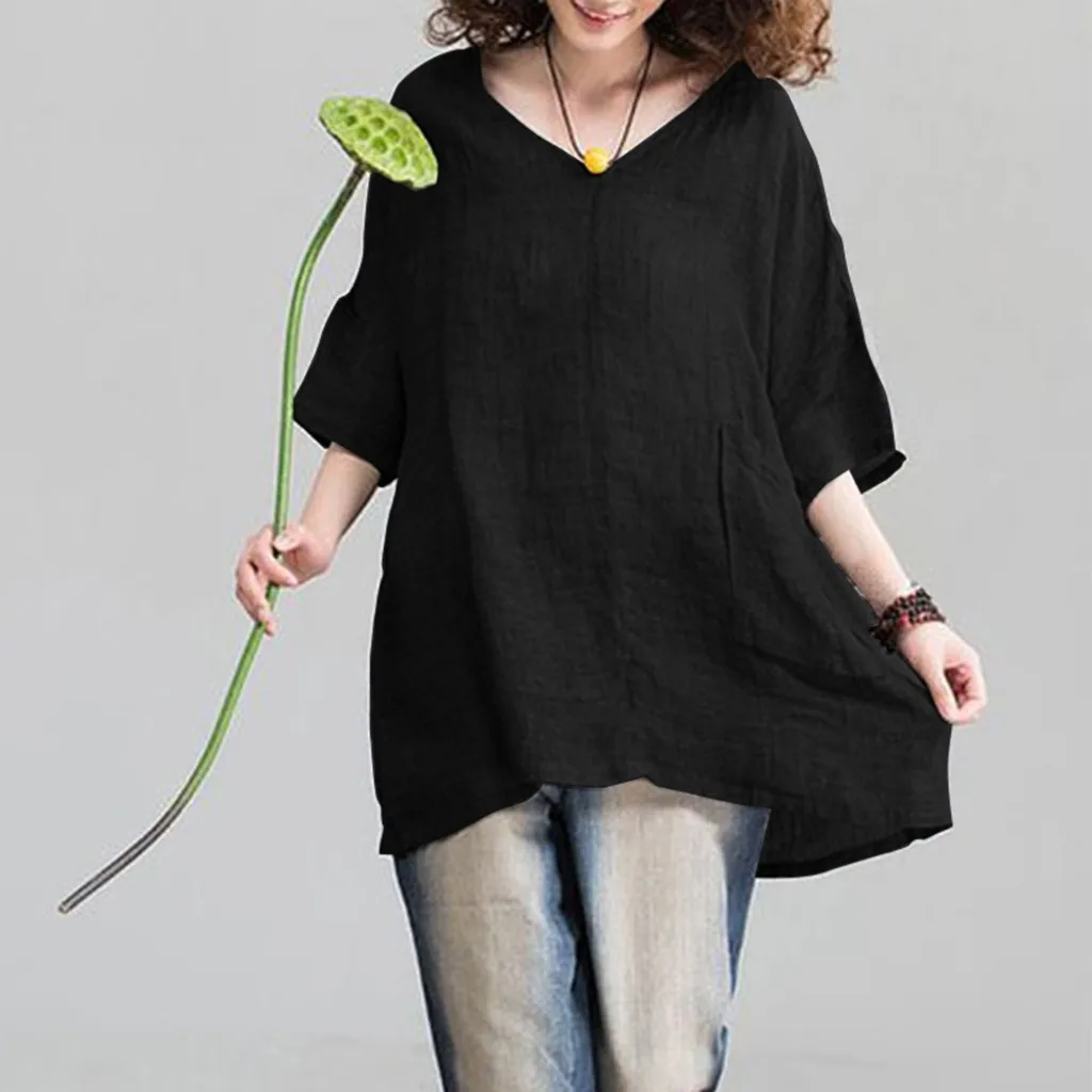 

Women Casual Blouse V Neck Linen Solid Shirt Boho Comfortable Loose Pocket Tops womens blouses blusas mujer de moda 2019 new