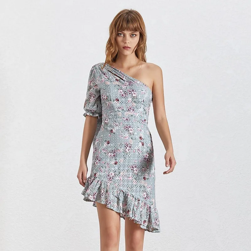 TWOTWINSTYLE One Shoulder Print Women Dress Half
