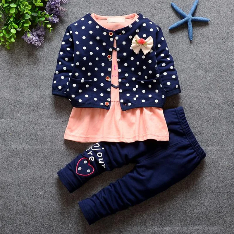 

Spring baby girls clothing sets wave point clothing set baby girls cotton clothes suit childern cartoon 3pcs suit