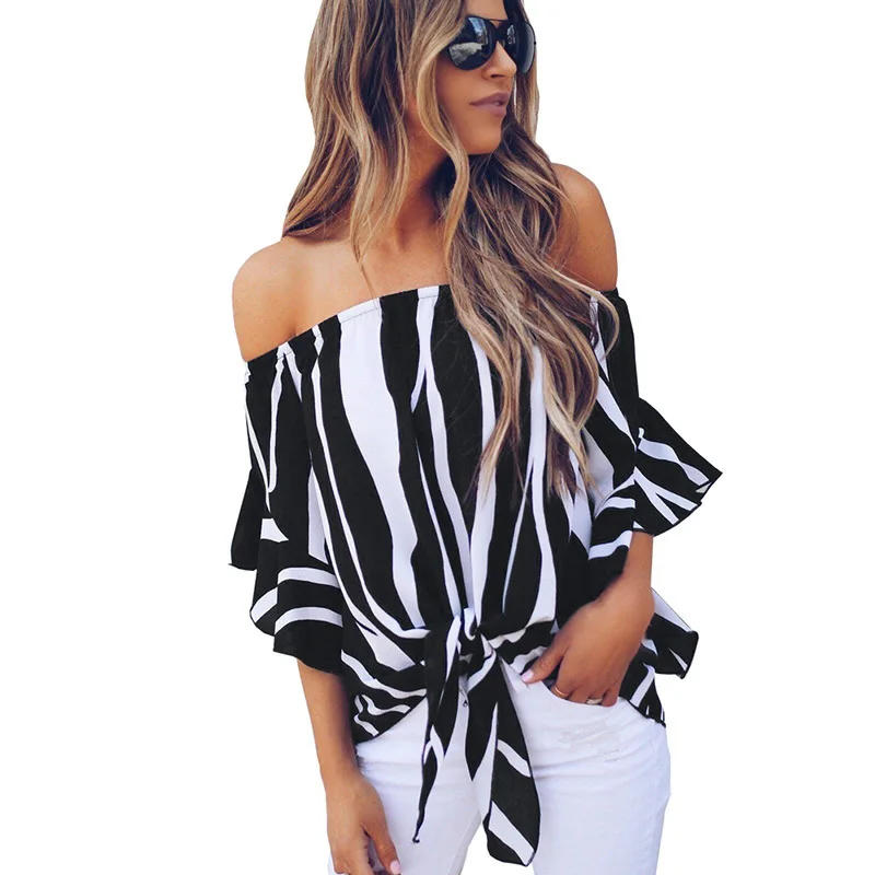 

Women's Striped Off Shoulder Bell Sleeve Shirt Tie Knot Casual Blouses Tops