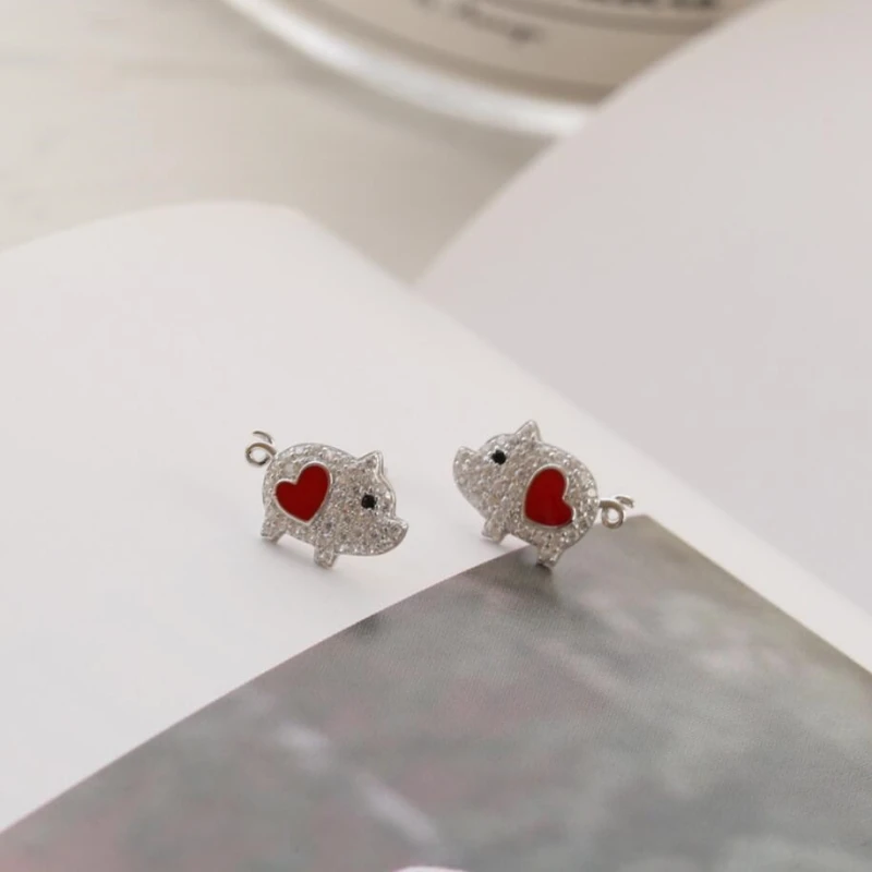 Модные женские сережки-гвоздики с изображением героев мультфильмов, стразы, сердце, свинка, 925 пробы, серебро, SEA470