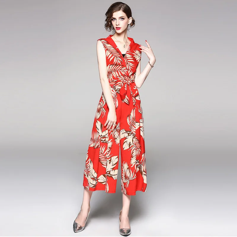 2019 New Summer Women Pants Temperament Casual Chiffon Printing Loose Drawstring Wide Leg Pants Fake Two Wide-legged Jumpsuit 2019 New Summer Women Pants Temperament Casual Chiffon Printing Loose Drawstring Wide Leg Pants Fake Two Wide-legged Jumpsuit