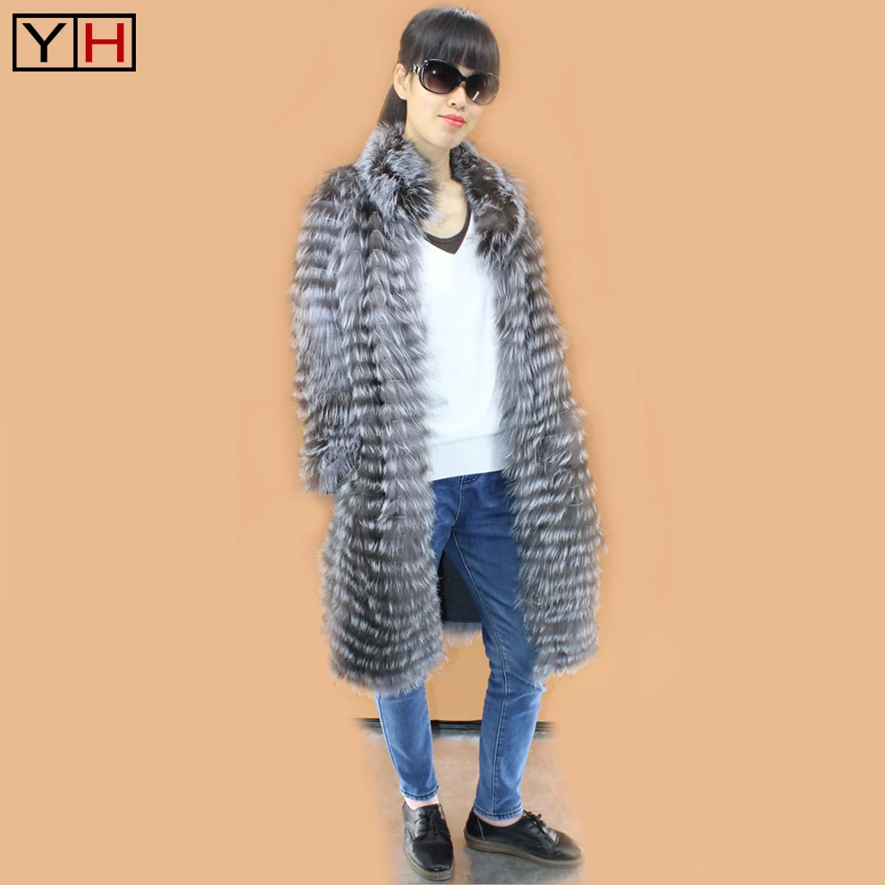 

Free shipping Women Real Silver Fox Fur Coats Winter Elegant Real Fur Jacket Striped Style Overcoat Women Fox Fur Outerwear