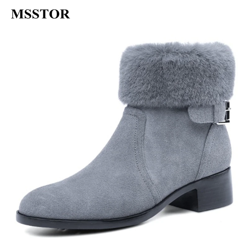 

MSSTOR Buckle Strap Warm Winter Boots Black Cow Suede Elegant Fashion Winter Snow Boots Women Round Toe Fur Ankle Boots Women