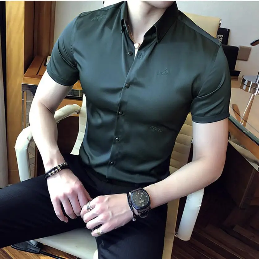 Брендовая одежда модная мужская летняя из чистого хлопка официальные сорочки/Мужская высококачественная повседневная рубашка с коротким рукавом из чистого хлопка