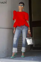 VAZN 2018 горячие модные 3 цвета одноцветное футболка Женская оборками с коротким рукавом О-образным вырезом футболка дамы выдалбливают