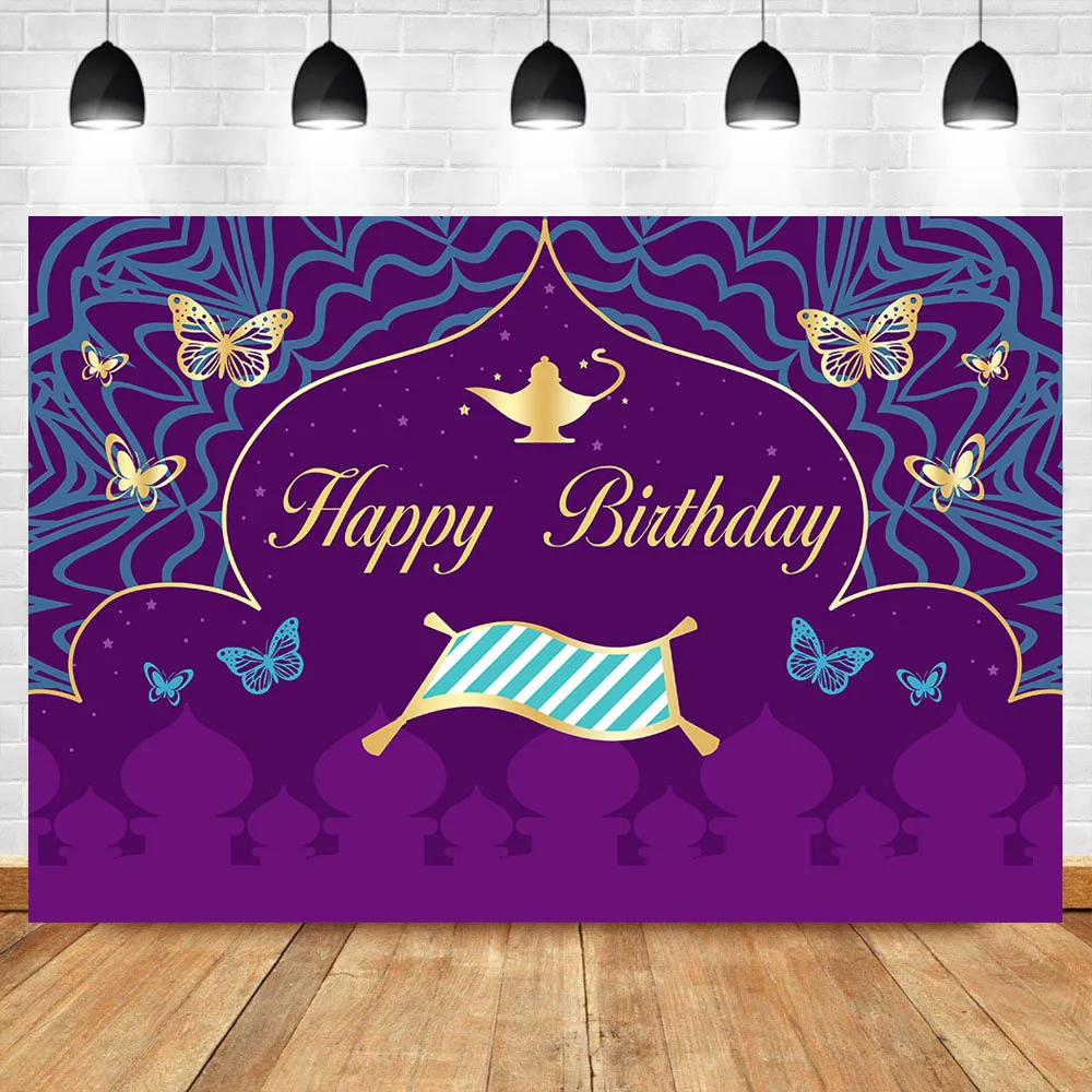 

NeoBack Fairytale Birthday Party Child Photography Backdrops Magical Carpet Aladdins Lamp Purple Background for Photo Shoots