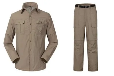 Khaki Suit Мужская Летняя уличная УФ-стойкая Съемная рубашка брюки костюмы с отложным воротником быстросохнущее пальто для рыбалки треккинг и туристическая одежда костюм - Цвет: Khaki Suit