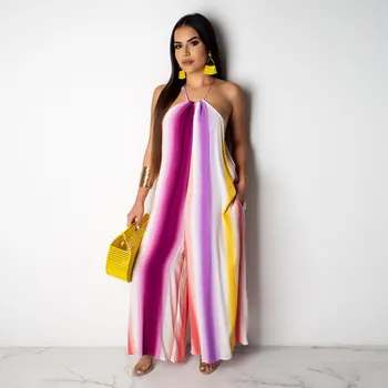 

Hot Sale Fashion 2019 Summer Women Striped Jumpsuit Loose Backless Wide Leg Jumpsuit Sleeveless Halter Sexy Romper