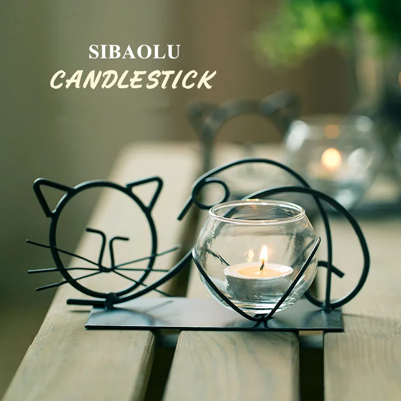 

Retro Candlestick Wrought Iron Cat Candle Holders Furnishing Valentine's Day Candlelight Dinne Prop Vintage Glass Candle Holder