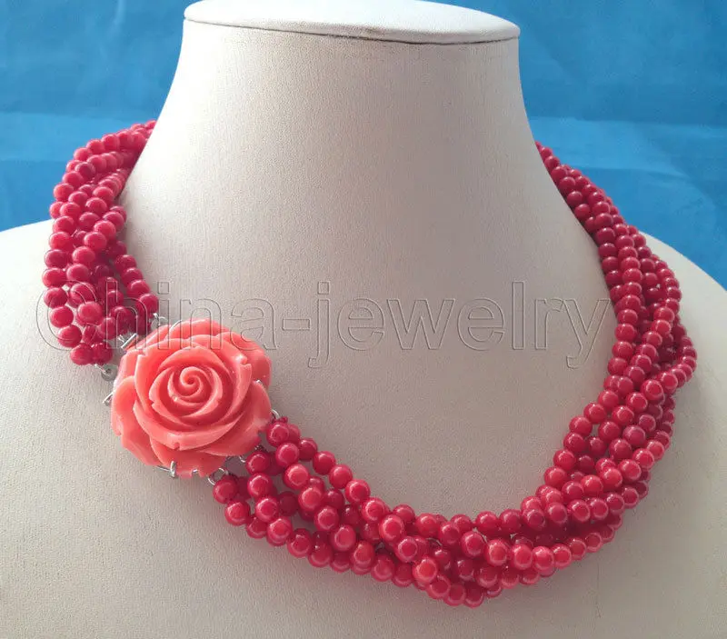 

FREE SHIPPING>>>@@ > Beautiful 19" 5mm 6row red coral necklace - GP clasp^^^@^Noble style Natural Fine jewe &