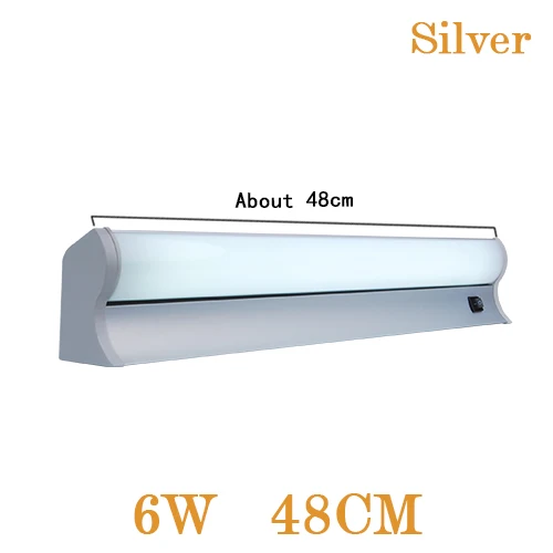 Светодиодный светильник-зеркало с выключателем, 5 Вт, 6 Вт, 11 Вт, нержавеющая+ акриловая, современный декоративный светильник, лампа для ванной, для спальни, фойе, для учебы, бра - Цвет абажура: Sliver 6W 48CM
