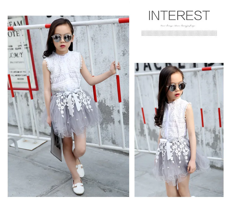 Summer Children Clothing Set For Teen Girls Clothes Outfits 2019 Fashion Lace Tops Flower Tule Skirt 2Pcs Comfortable Kids Suit (4)