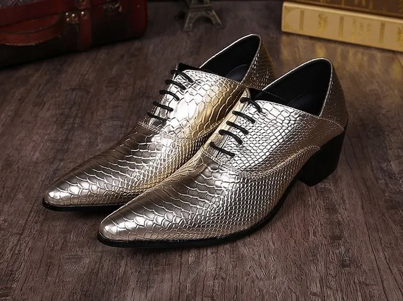 Men's Trendy Red Serpentine Metal Head Pointy Toe Real Leather Shoes Party Boots