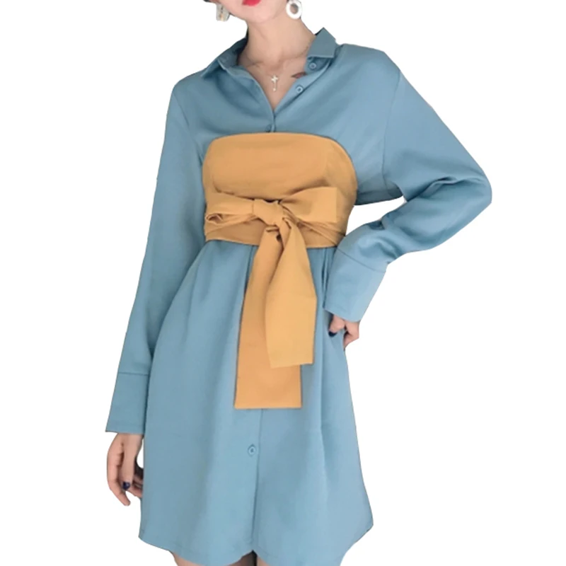 

PERHAPS U women long sleeve turn down collar blue white top shirt sash office lady solid B0291