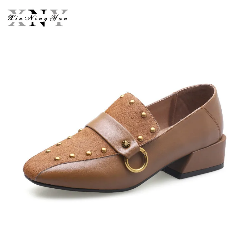 

XiuNingYan 2019 Women Flats Spring Casual Shoes Square Heel Genuine Leather+horseHair Black Square Toe Ladies Dress Shoes Woman
