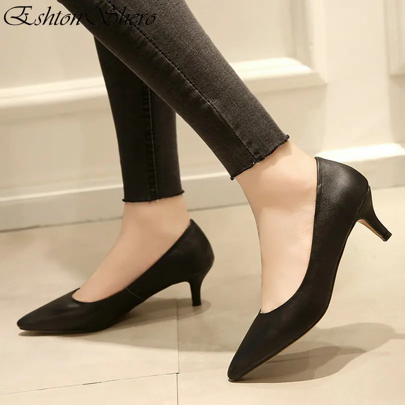 

EshtonShero Spring Women's Shoes Woman Pumps Cow Leather+PU Thin Med Heel Pointed Toe White Black Ladies Wedding Shoes Size 3-12