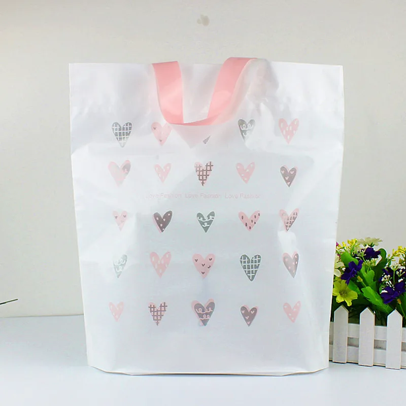 

White Cute Pink Heart Plastic Bags Cake Cookies Packaging Bag with Handle Plastic Bag Gift Packaging Bag 25 pcs/lot 24*29*4cm