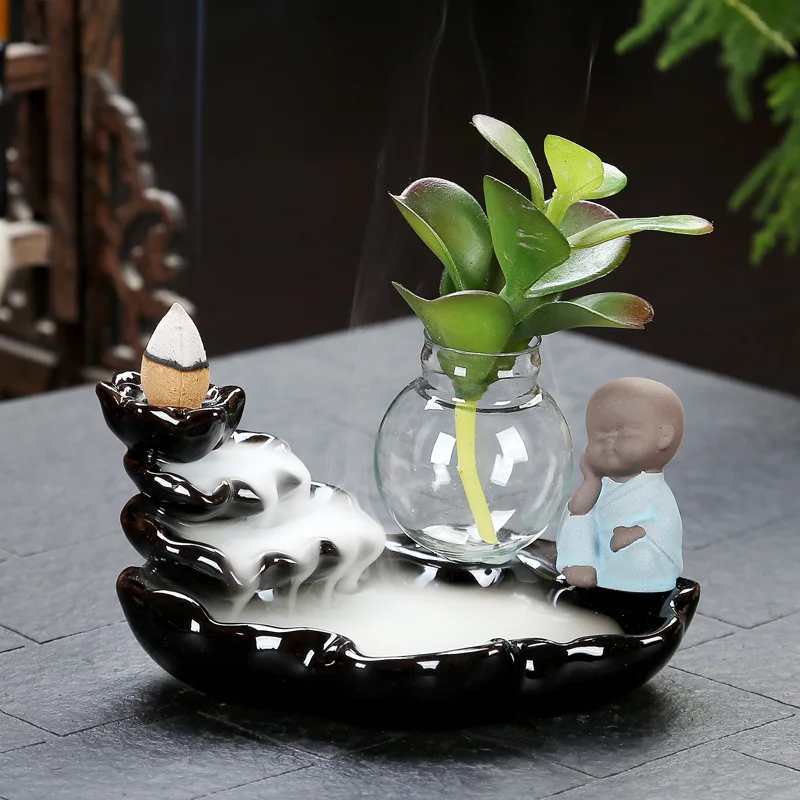 Little Bottle and Monk Backflow Incense Holder Black Ceramic incense