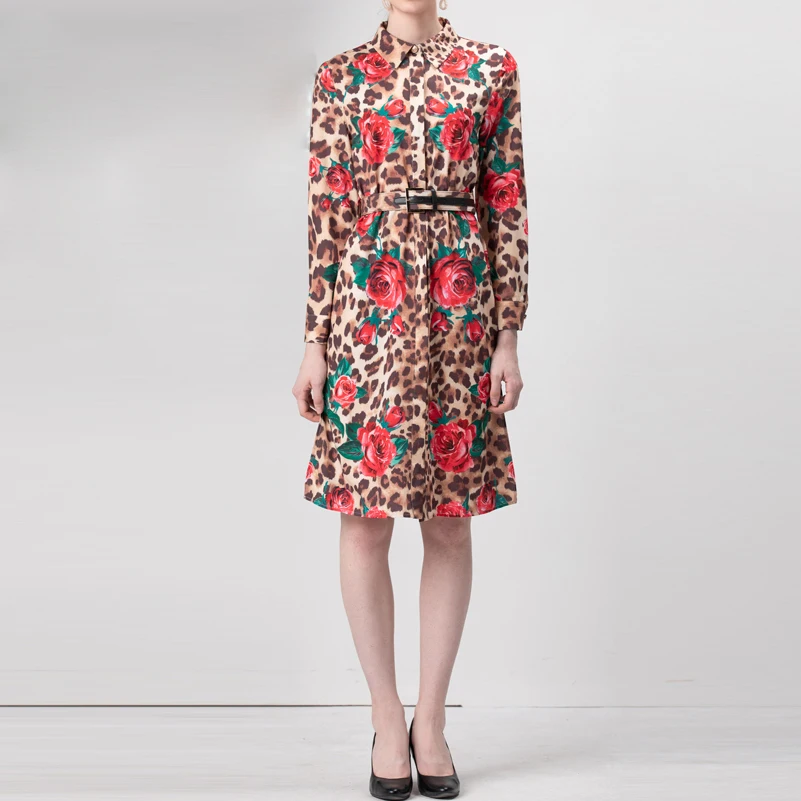

High quality 2019 new summer fashion runway dress Women's Long Sleeve Leopard Floral Print Sashes Vintage Knee-Length Dress